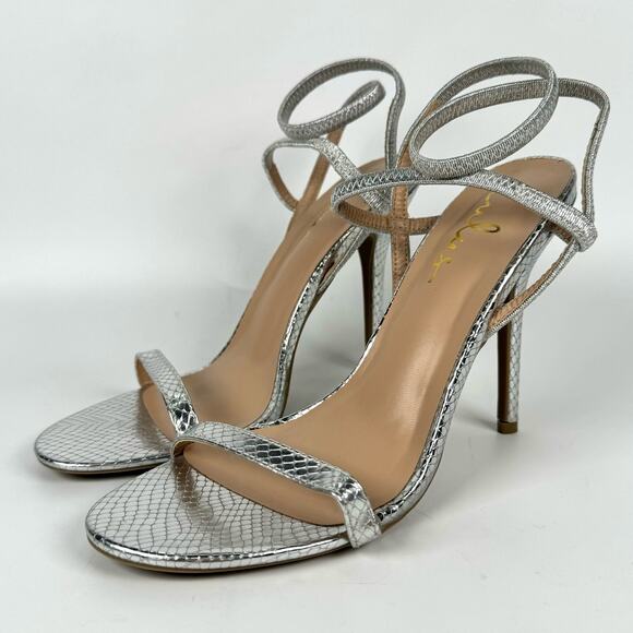 Lulus Women's Silver Snake Stillettos Ankle Strap Clubwear Heels Size 9 - Picture 1 of 7